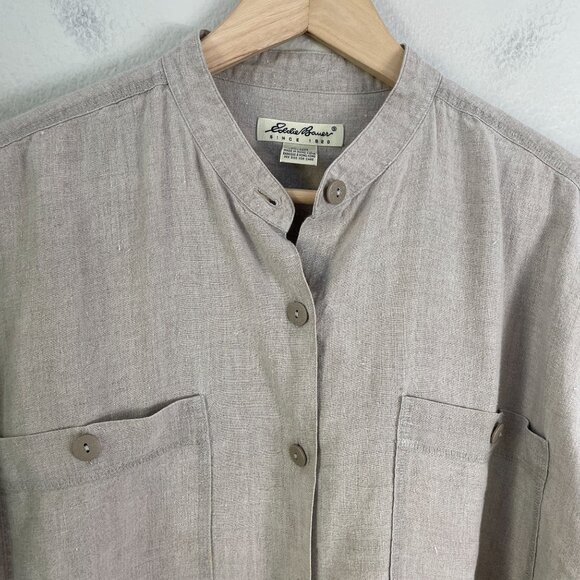 Eddie Bauer Womens Medium 100% Linen Oversized Mandarin Collar Button Up Shirt - Picture 7 of 8